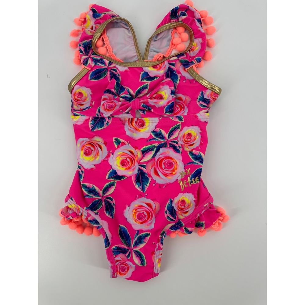 Betsey Johnson Girls Pink Floral Rose Pom Pom One‎ Piece Swimsuit Size 4